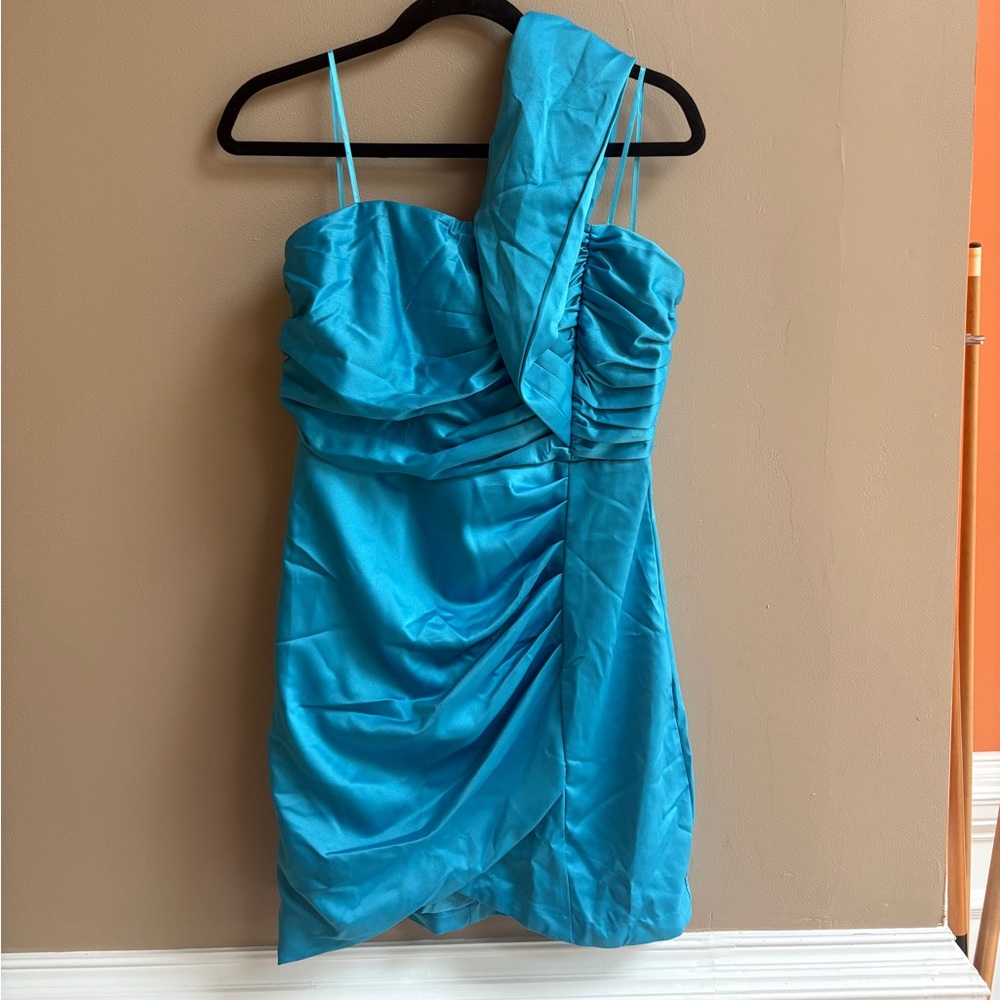 Vintage Blue One-Shoulder Satin Dress